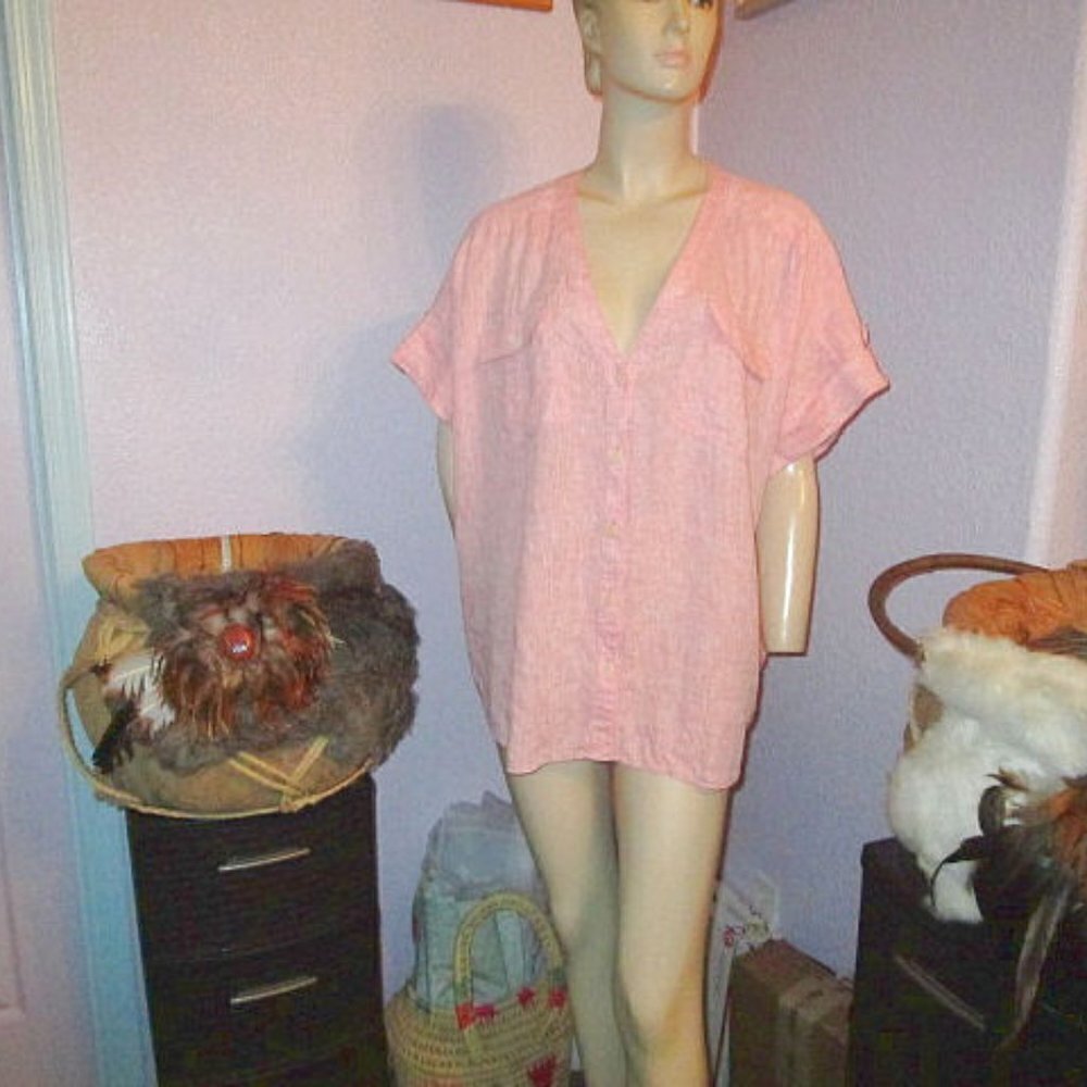 Lafayette 148 Linen Blouse Top Womens 14 Oversized Tunic Button Up Shirt NEW